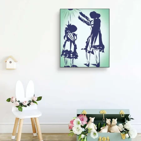 Mother Child Blessing Painting in blue tones on white and light green background