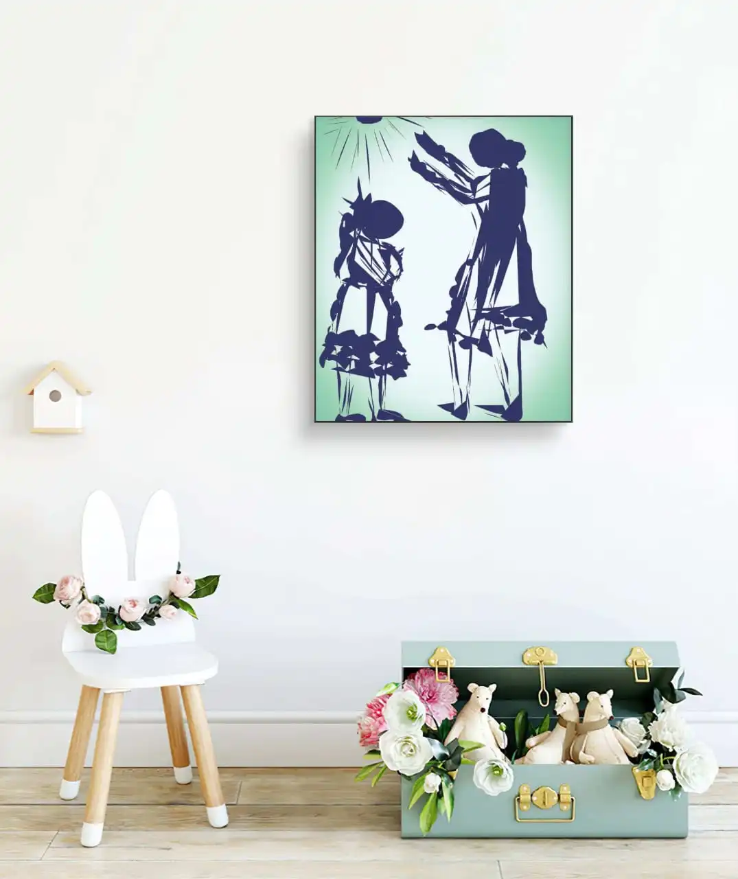 Mother Child Blessing Painting in blue tones on white and light green background