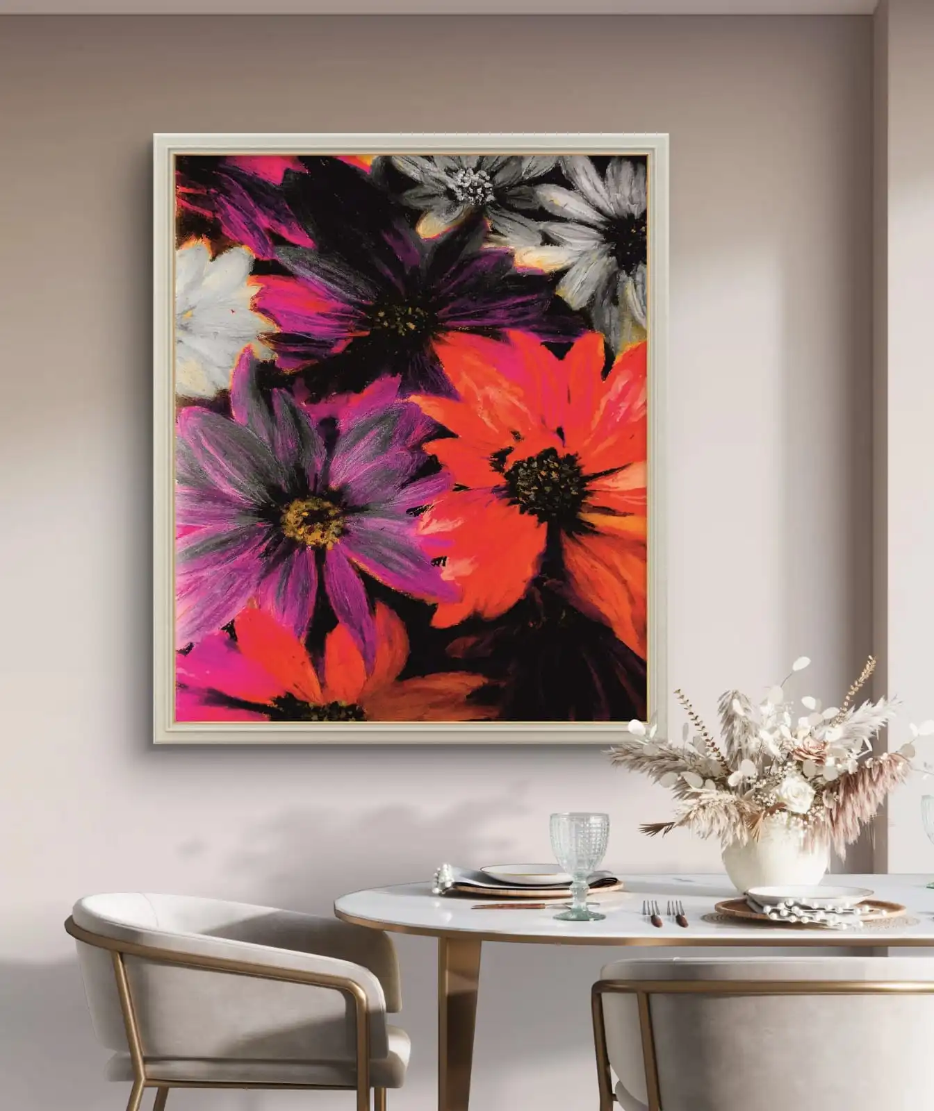 Bloom Burst Art Print featuring vibrant floral design in bold colors on canvas.