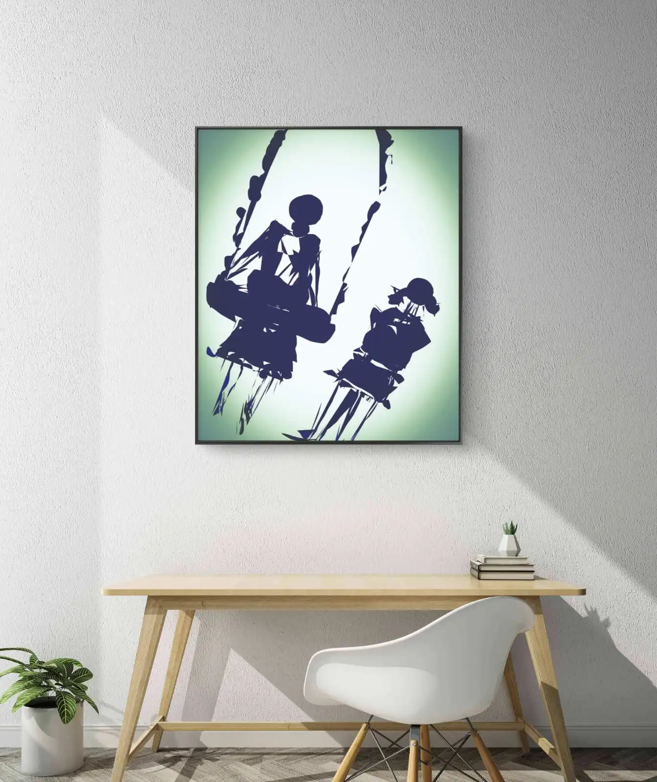 Mother Presence Child Painting By Your Side in blue tones on white and light green background