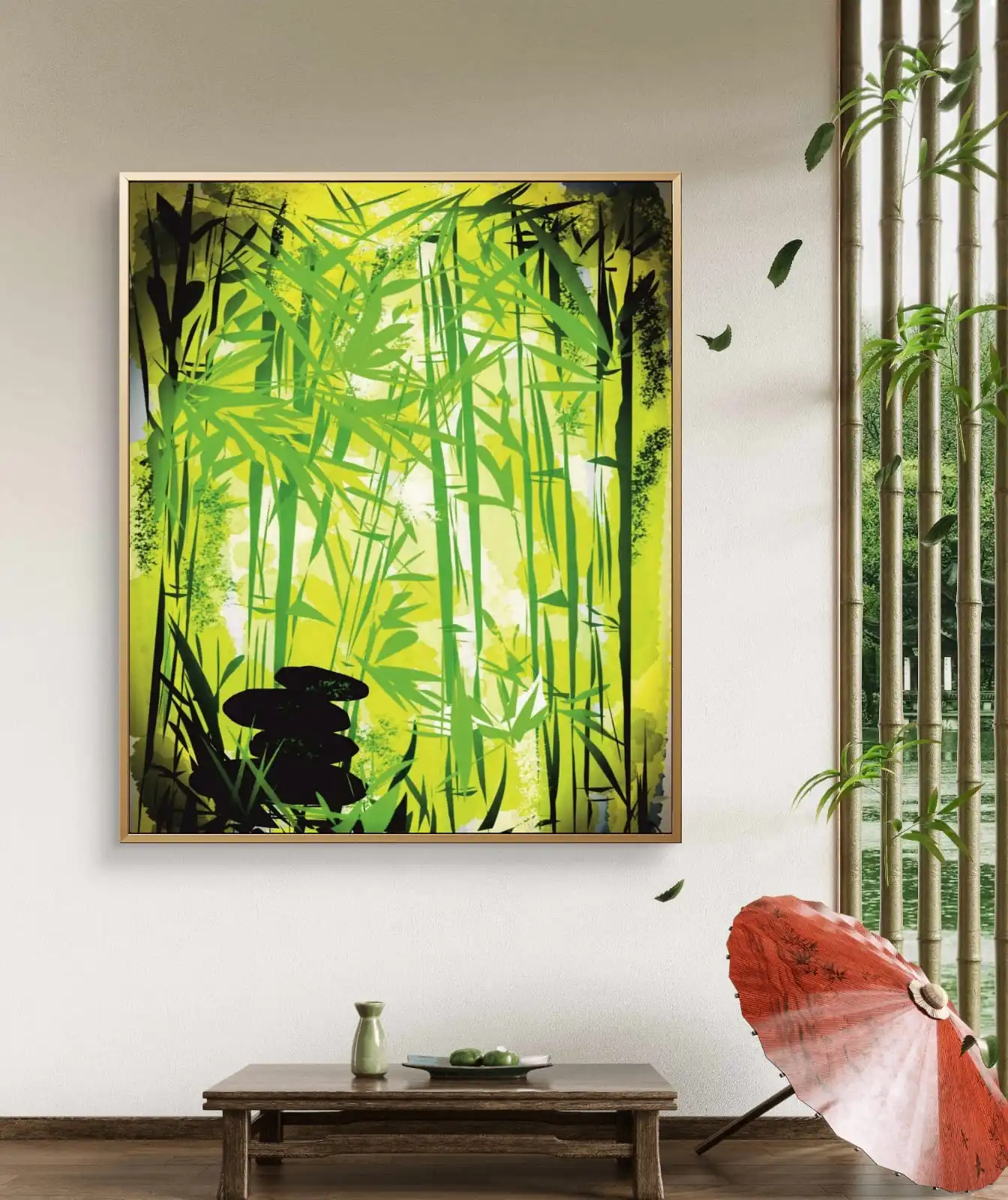 olden Bamboo Fortune Painting fine art print on cotton canvas, symbolizing wealth, growth, and harmony in Feng Shui, ideal for home or office wall décor