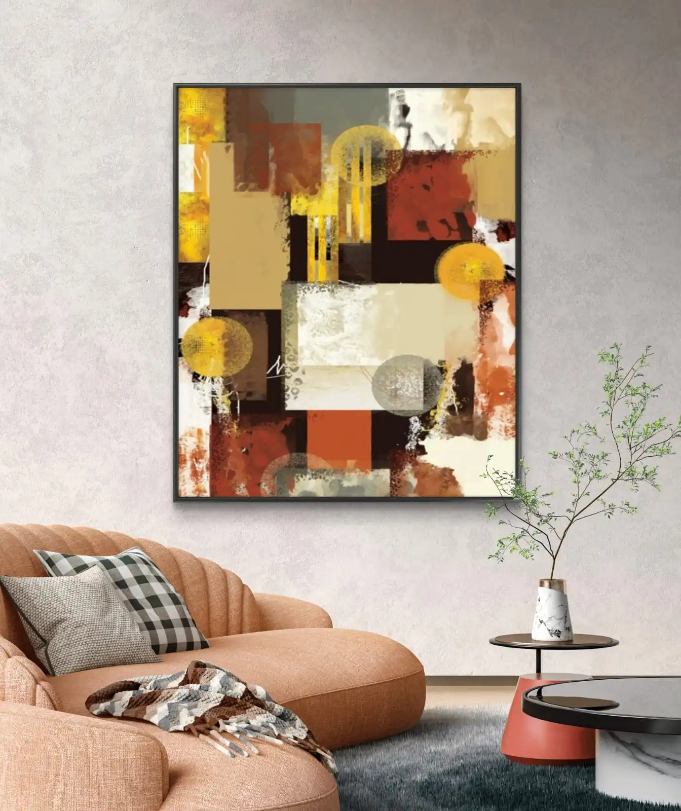 Golden Glow Abstract Painting – Modern geometric art in warm golden and brown shades on canvas.