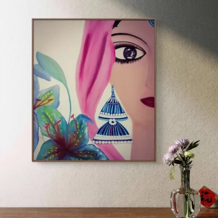 Half Glance of Elegance – original acrylic painting showing a graceful woman’s half face with floral elements and pink drape