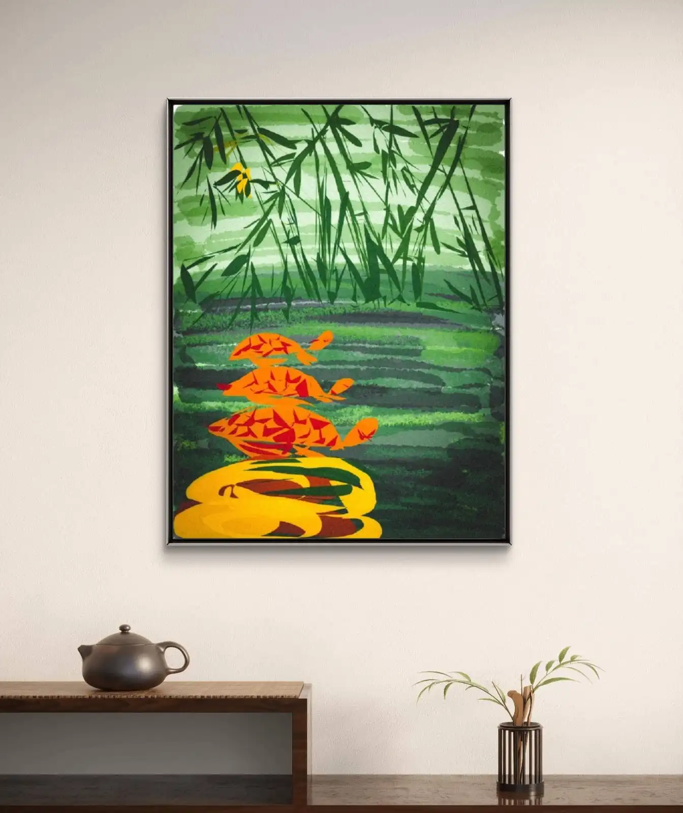 Turtles of Prosperity Painting on Digital Canvas with Fengshui Bamboo Design