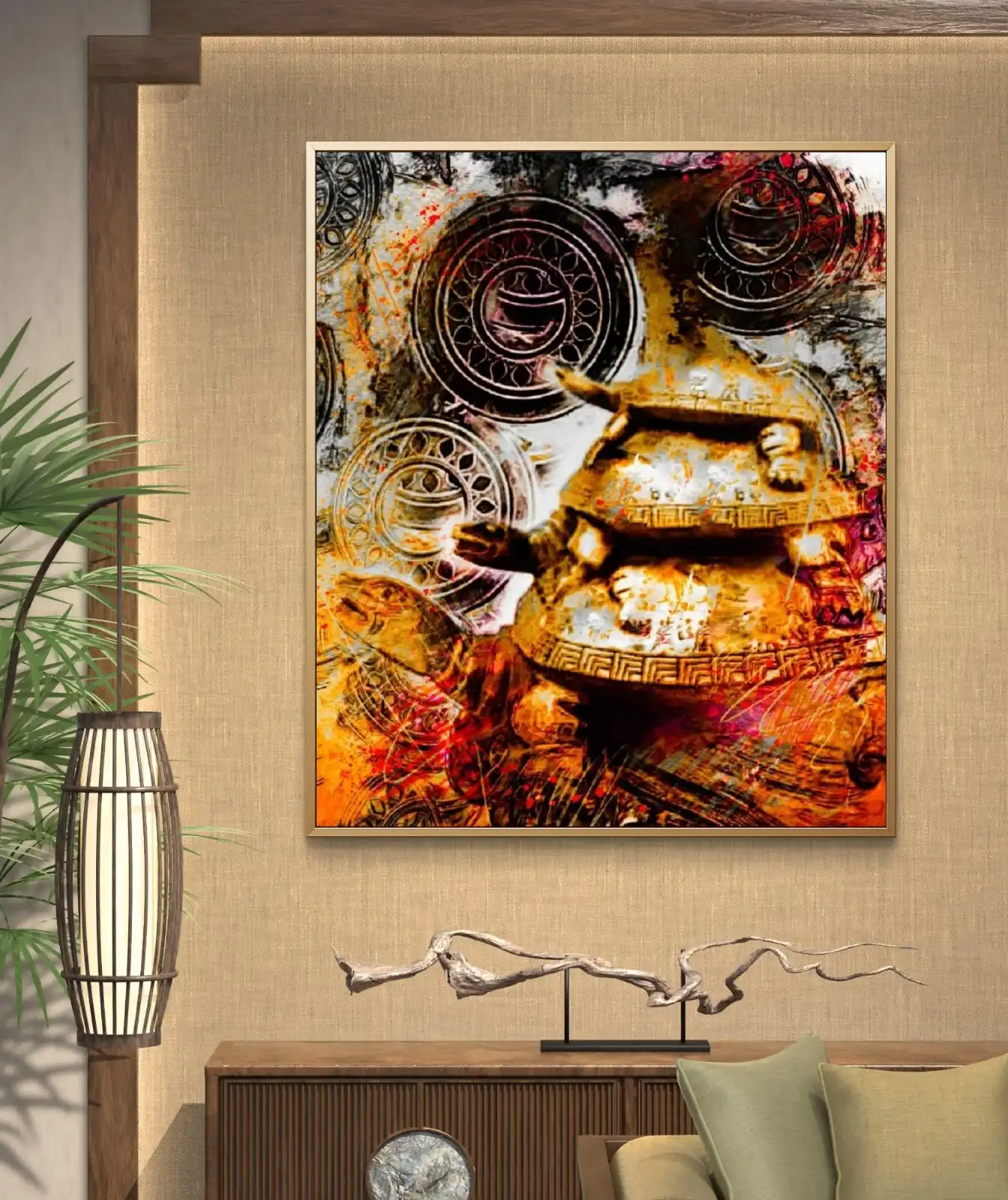 Sacred Triad of Turtle Feng Shui painting on cotton canvas – signed by artist
