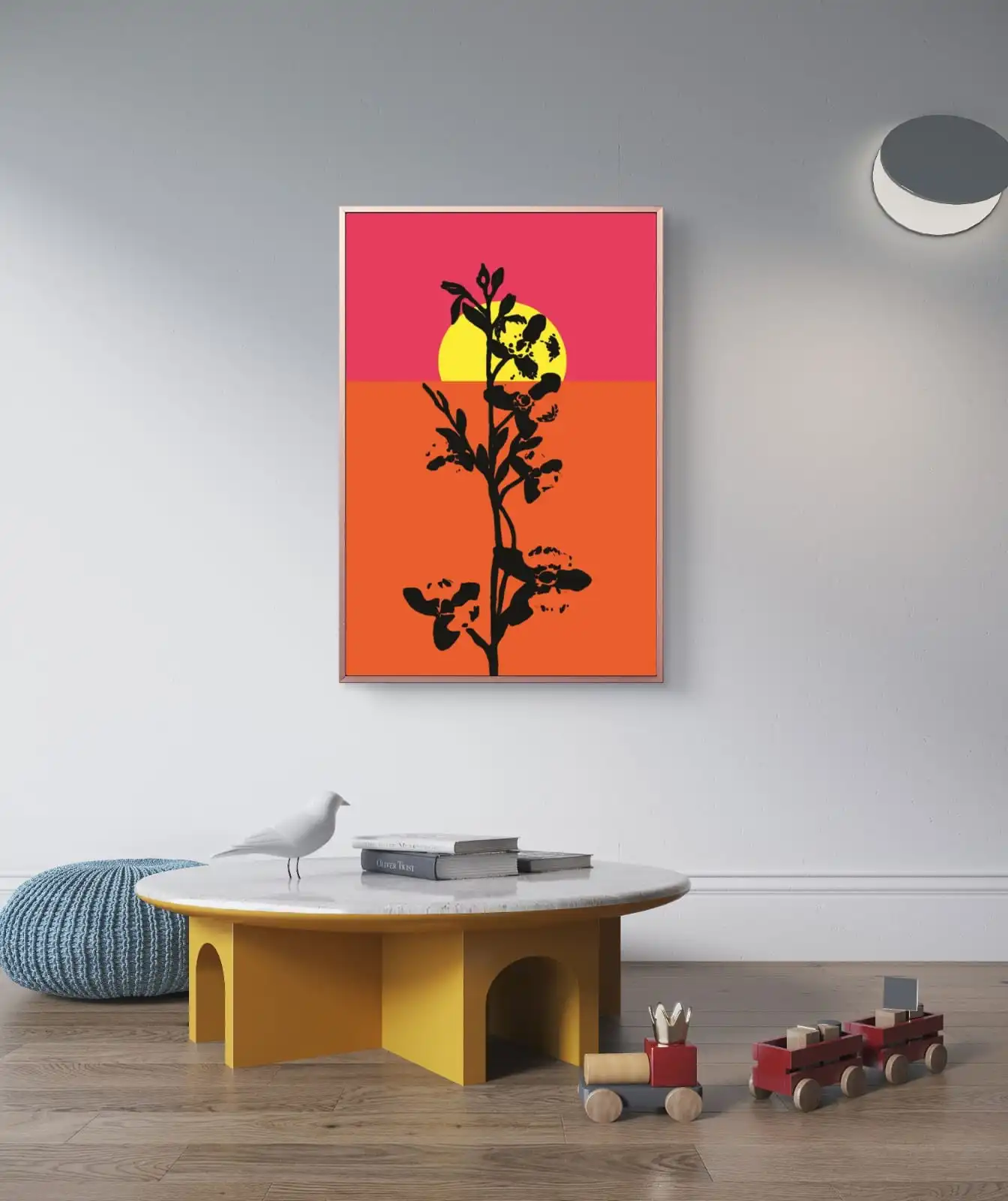 Sunrise Orchid Pop Art painting with bold orchid silhouette and pink orange sunrise background