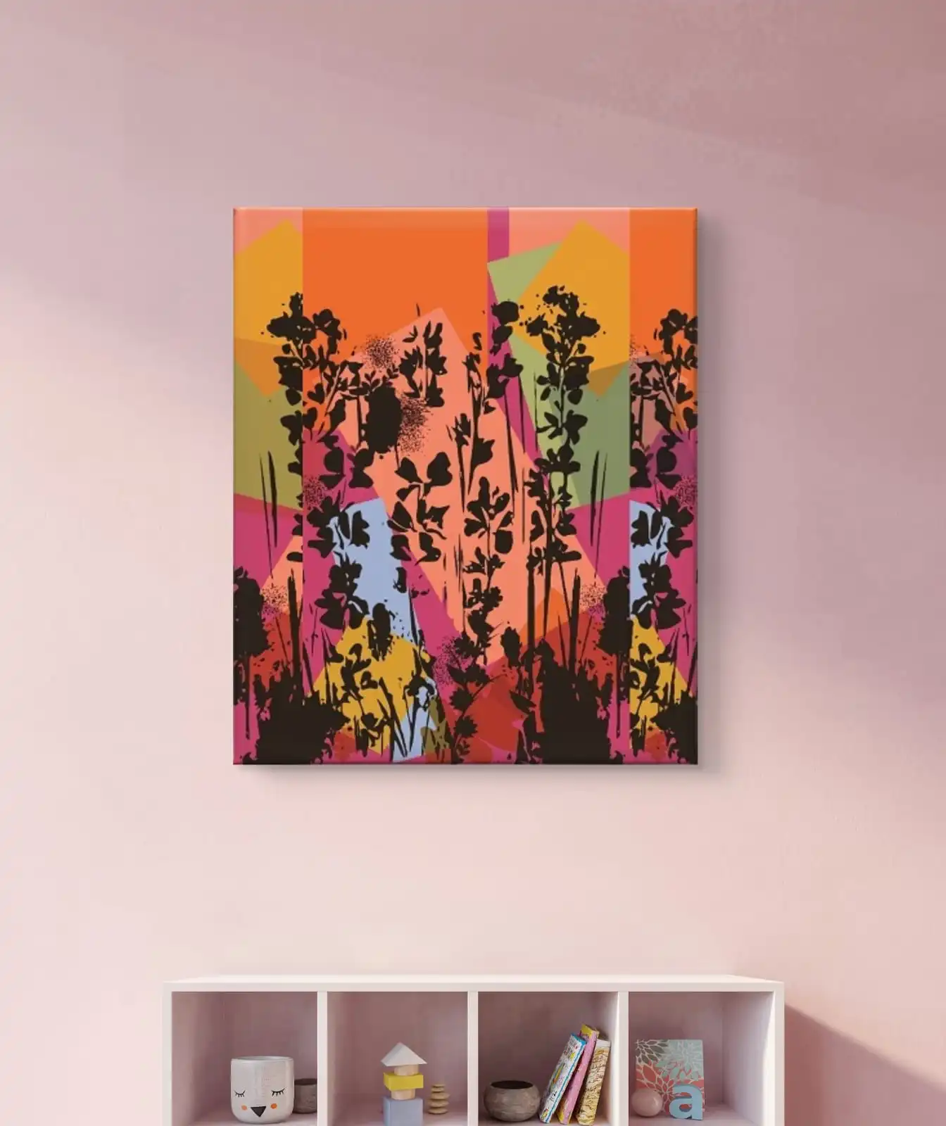 Lavender Bloom Pop Art floral painting with bold silhouettes and vibrant geometric background