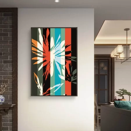 Colorful Dandelion Pop Art floral painting with bold vertical stripes in orange, teal, and green tones