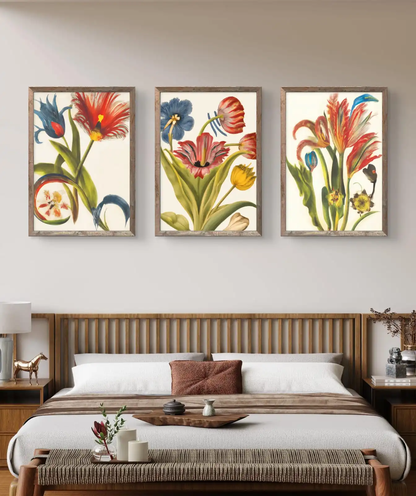 Floral Beauty Set of 3 Canvas Paintings – Fine art floral prints on cotton canvas, signed by artist Sabiha Hasan Sumbul, available framed or unframed.