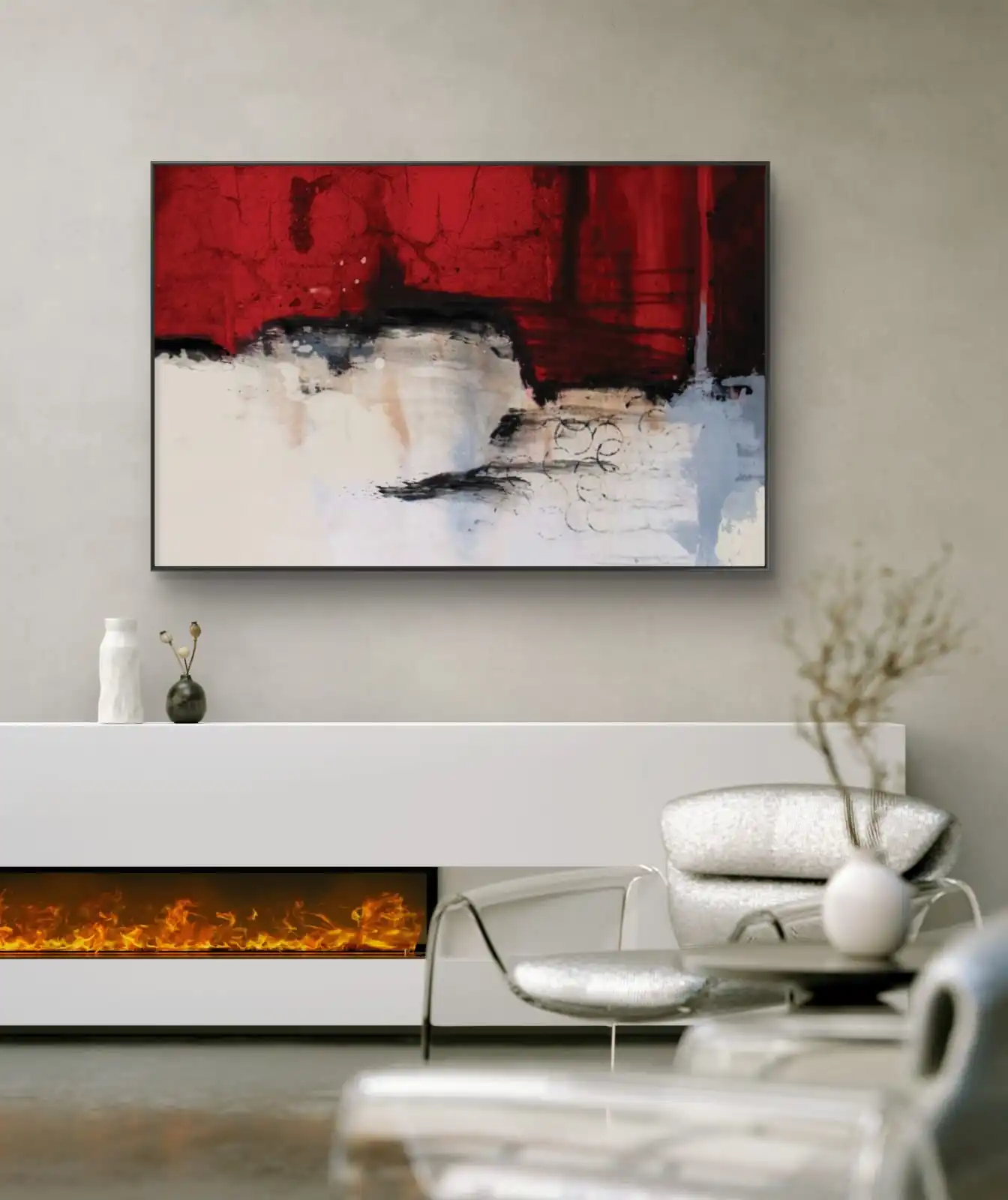 Scarlet Divide abstract acrylic painting by S.H. Sumbul – modern red and gold wall art print on canvas