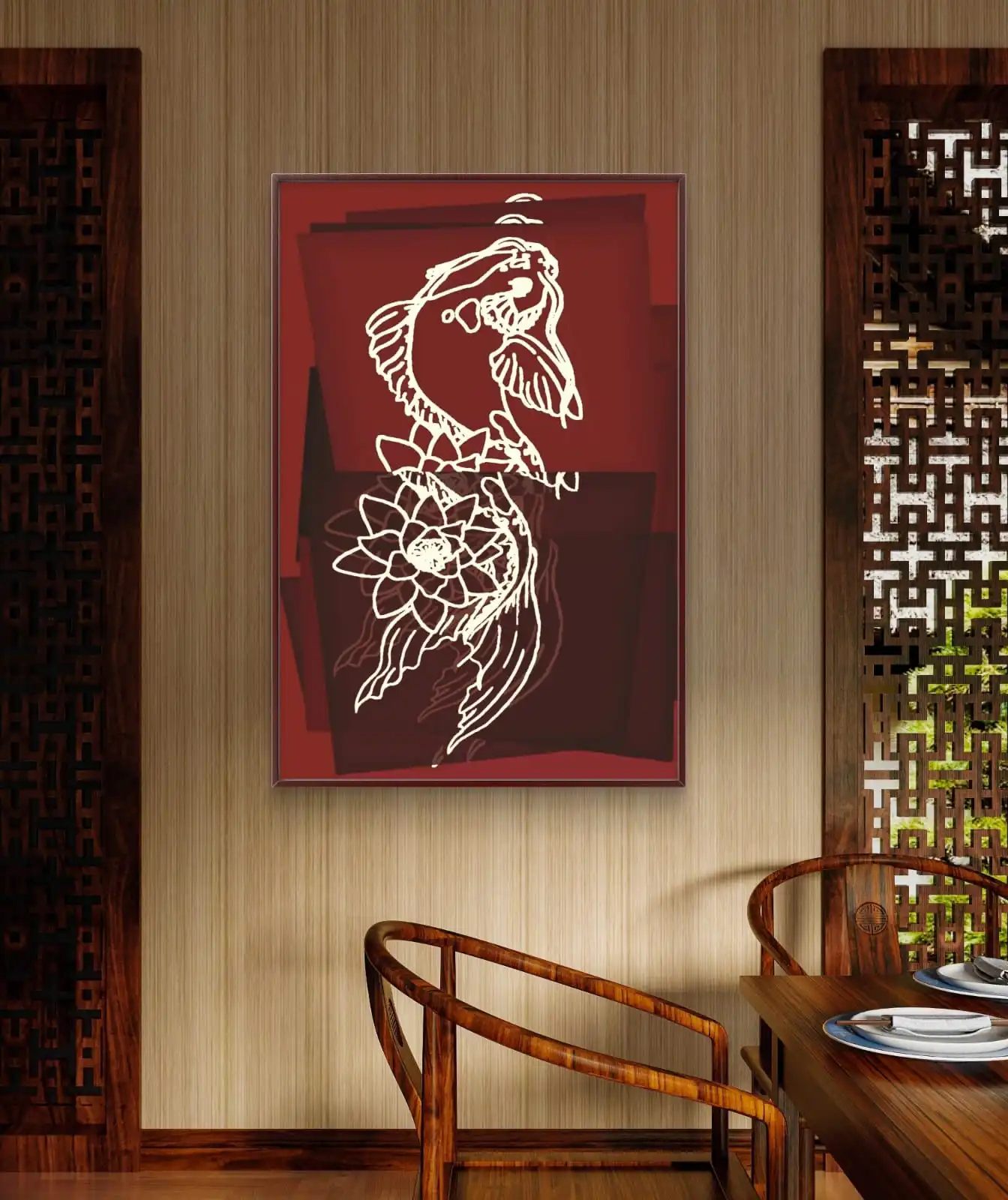Zen Koi Pop Art red fish painting with bold geometric background and white line detailing