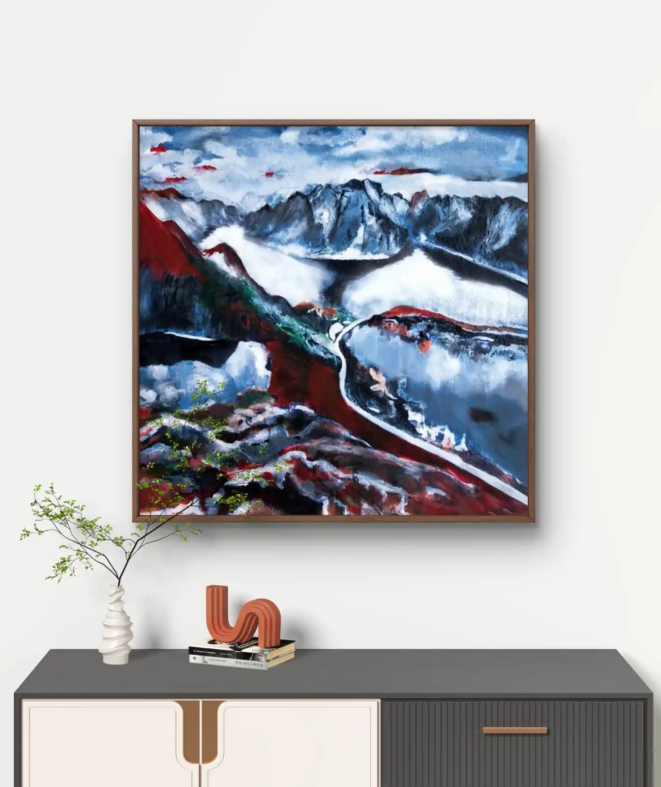 Snow Mountain Ridge acrylic painting of snowy mountains and red rocky terrain