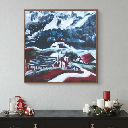 Snow Mountain Village acrylic painting of snowy mountains and village cabins