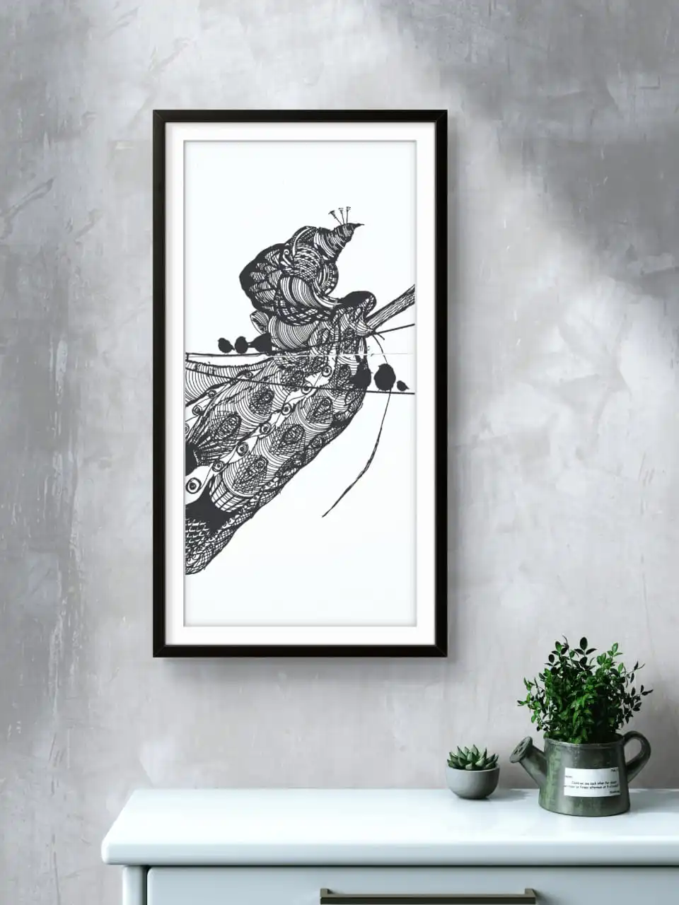 Royal Peacock Canvas Sketch Classical Framed Canvas Print – Limited Edition Black and White Peacock Artwork