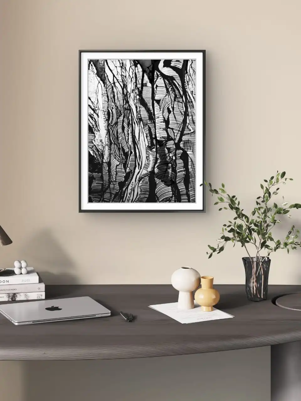Echoes of Banyan Tree pen and charcoal sketch by Sabiha Hasan Sumbul, detailed banyan tree drawing with classical frame