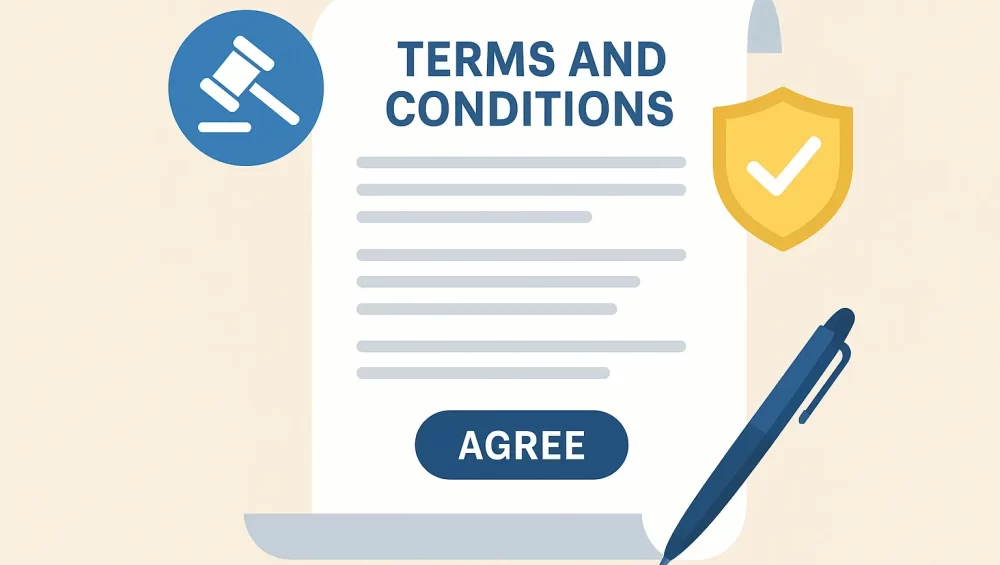 Illustration of SHSWorks Terms and Conditions page showing digital agreement, legal document icons, and abstract art gallery theme.