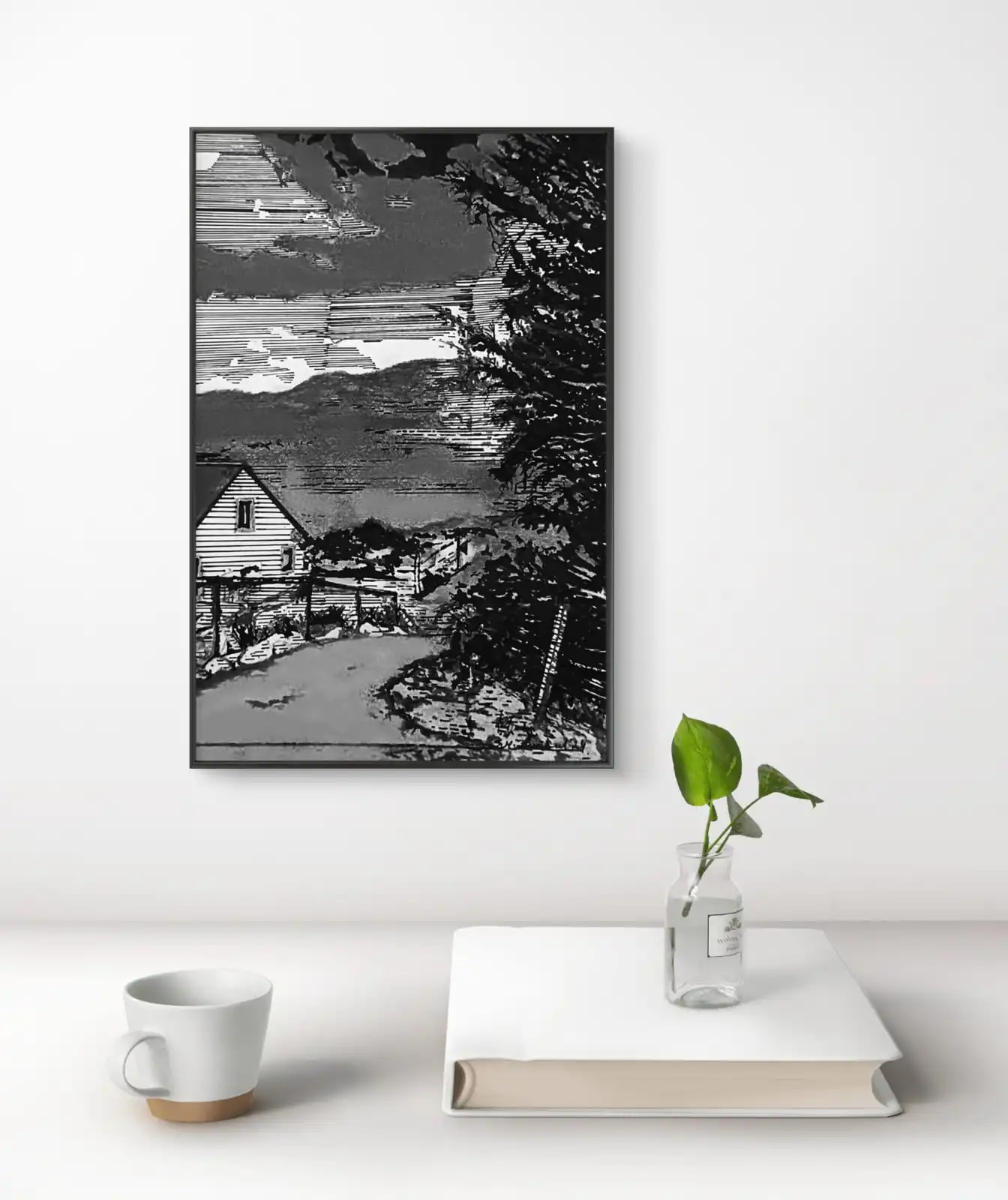 Charcoal Mountain Cottage Sketch pen and charcoal artwork showing cottage, road, and mountains