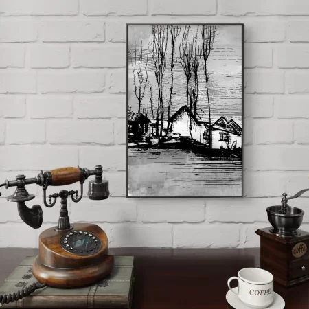 Charcoal Village Landscape Sketch pen and charcoal artwork showing rural village houses and bare trees