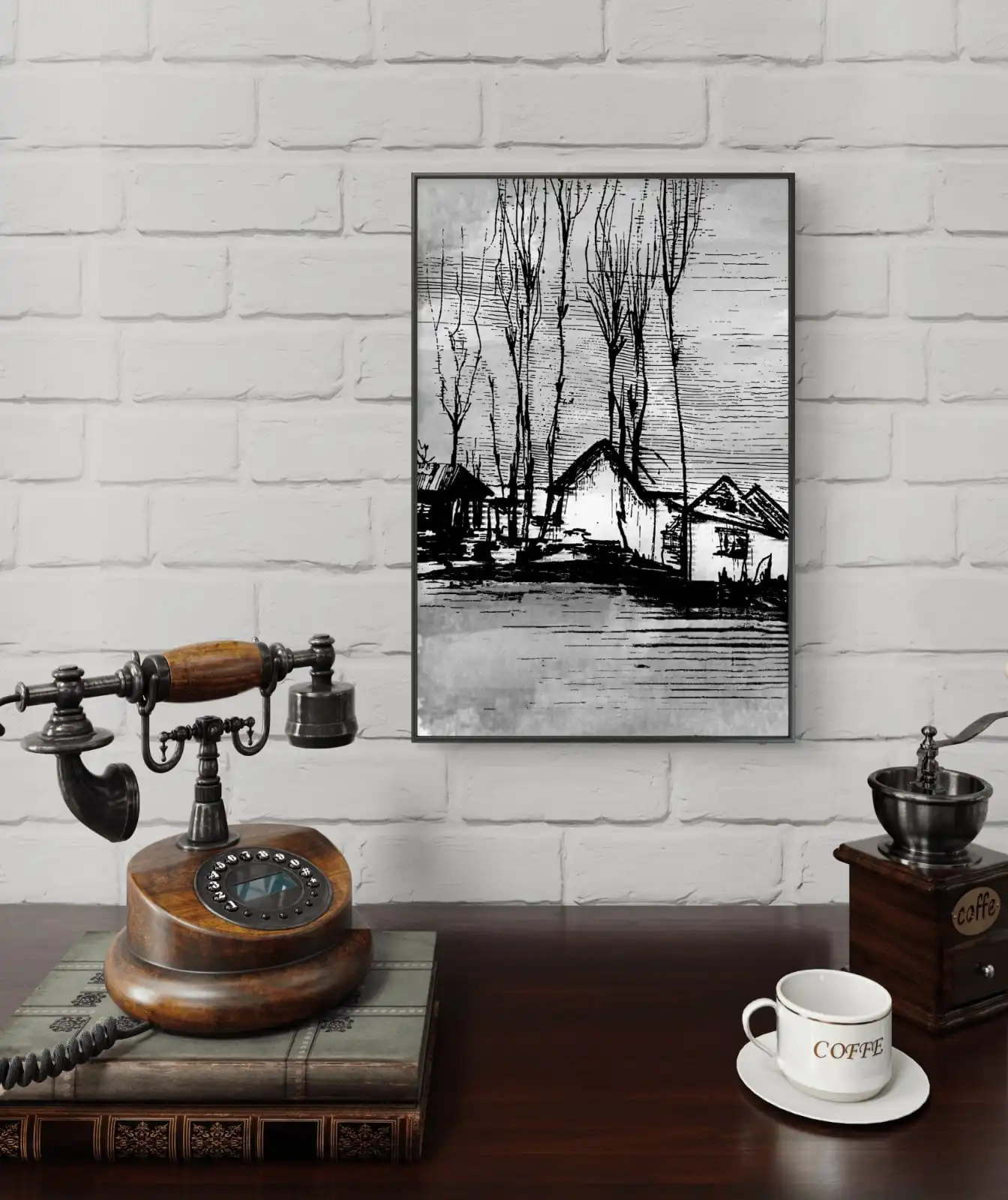 Charcoal Village Landscape Sketch pen and charcoal artwork showing rural village houses and bare trees