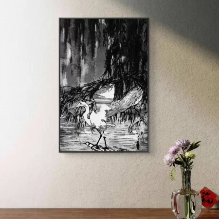 Heron standing in shallow water under hanging willow branches charcoal sketch