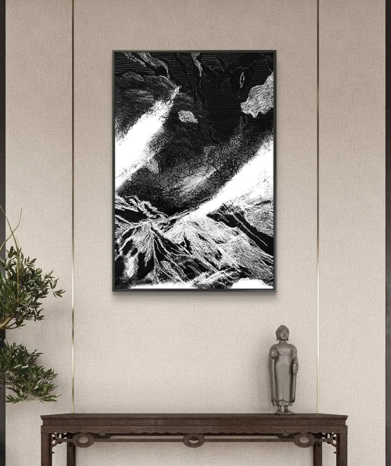 Nightscape in white artwork showing monochrome night landscape in pen and charcoal