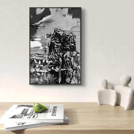 Still Stone Gentle Buds charcoal landscape artwork showing large stone in water with floating flower buds