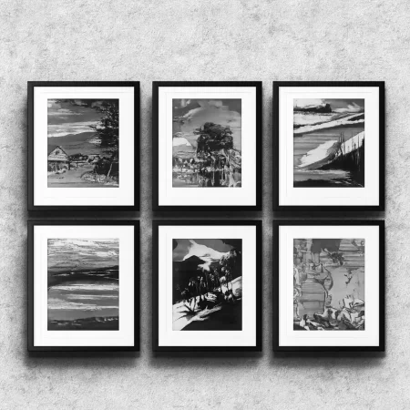 Charcoal Story Wall Art set of 6 original charcoal and pen artworks framed with glass ready to hang