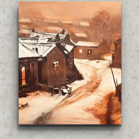 Nostalgic Village Landscape Painting original acrylic on canvas by Sabiha Hasan Sumbul
