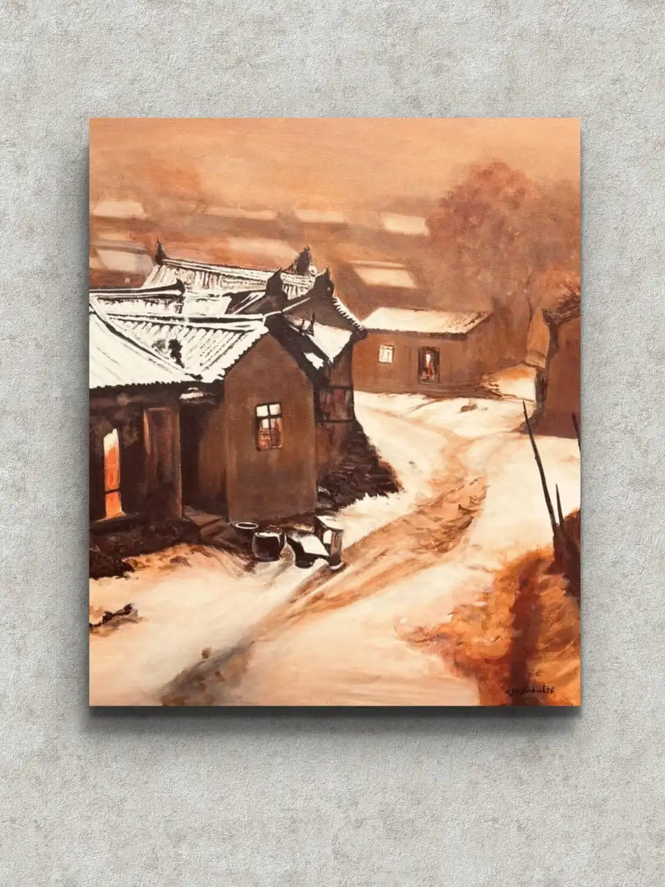 Nostalgic Village Landscape Painting original acrylic on canvas by Sabiha Hasan Sumbul