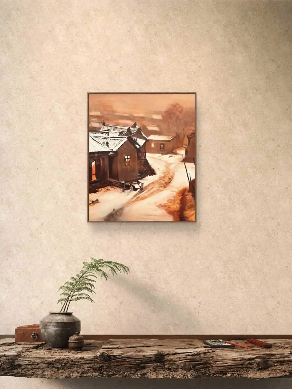 Nostalgic Village Landscape Painting inspired by rural village memories