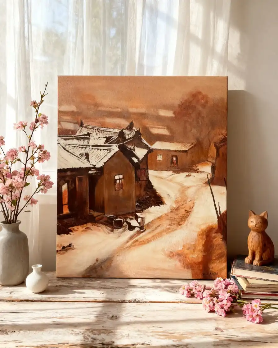Nostalgic Village Landscape Painting showing rustic homes and village pathway