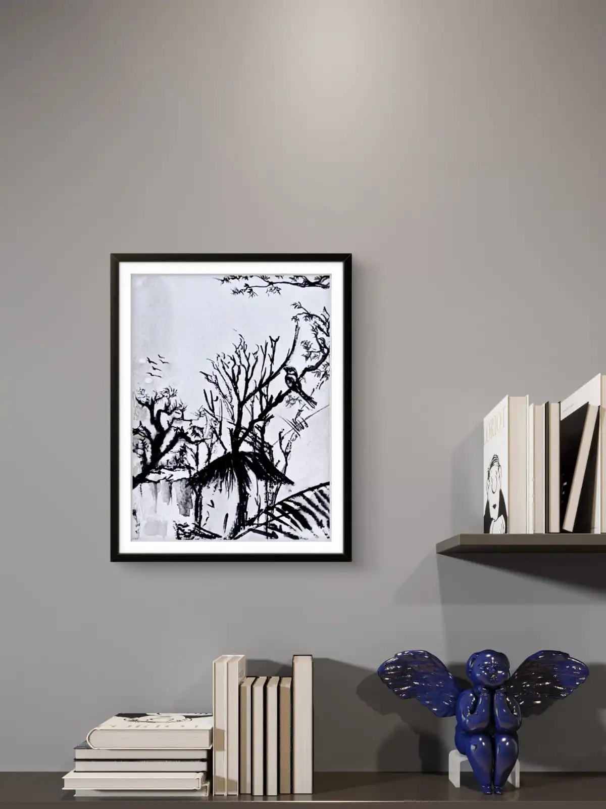New Beginning black and white canvas painting with classical frame
